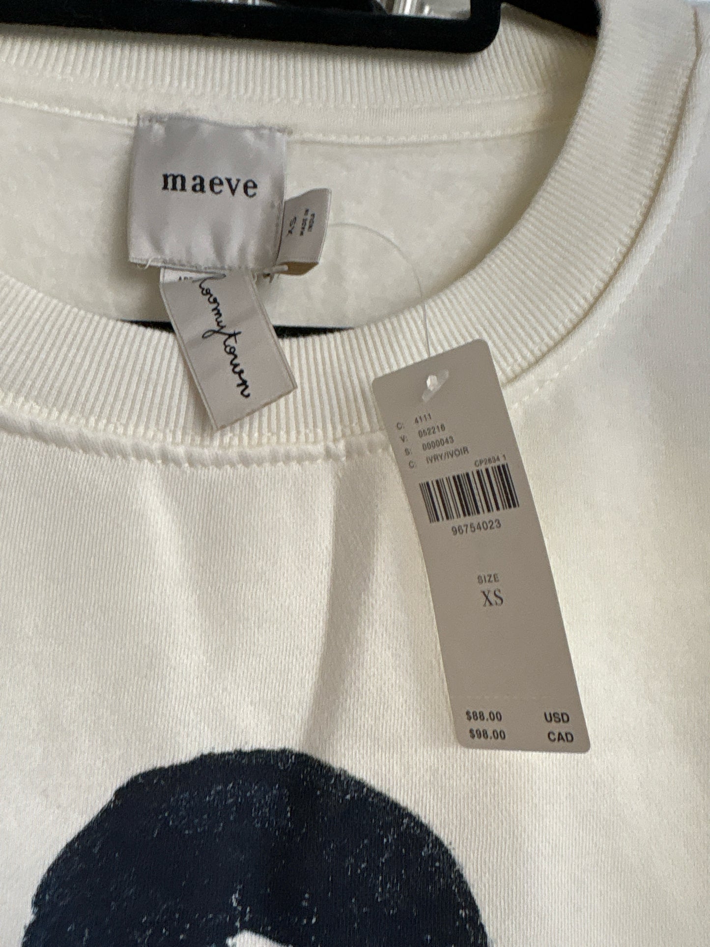 Maeve Size XS Cream/Black Sweatshirt/Hoodie