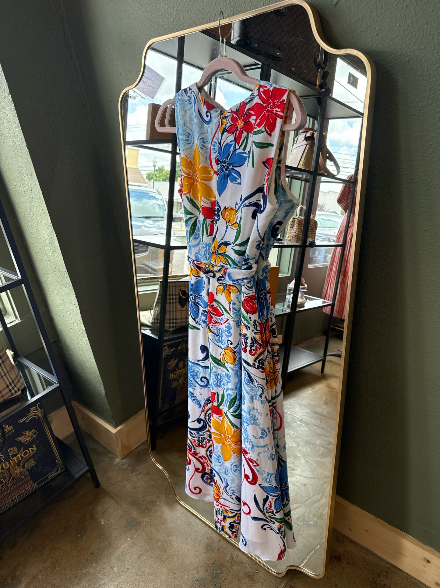 TAHARI Size 8 White/Blue/Yellow Dress
