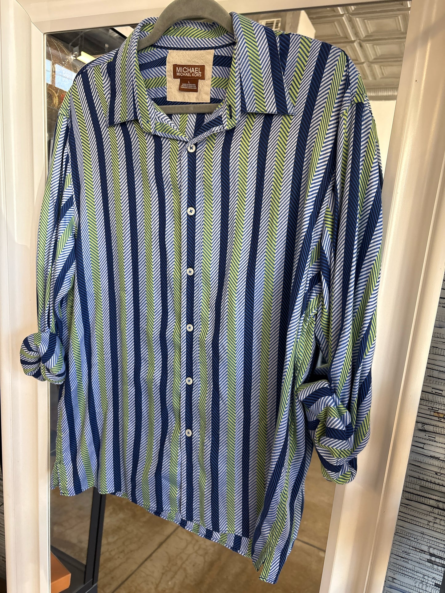 MICHAEL KORS Size L Blue/Green Stripe Top