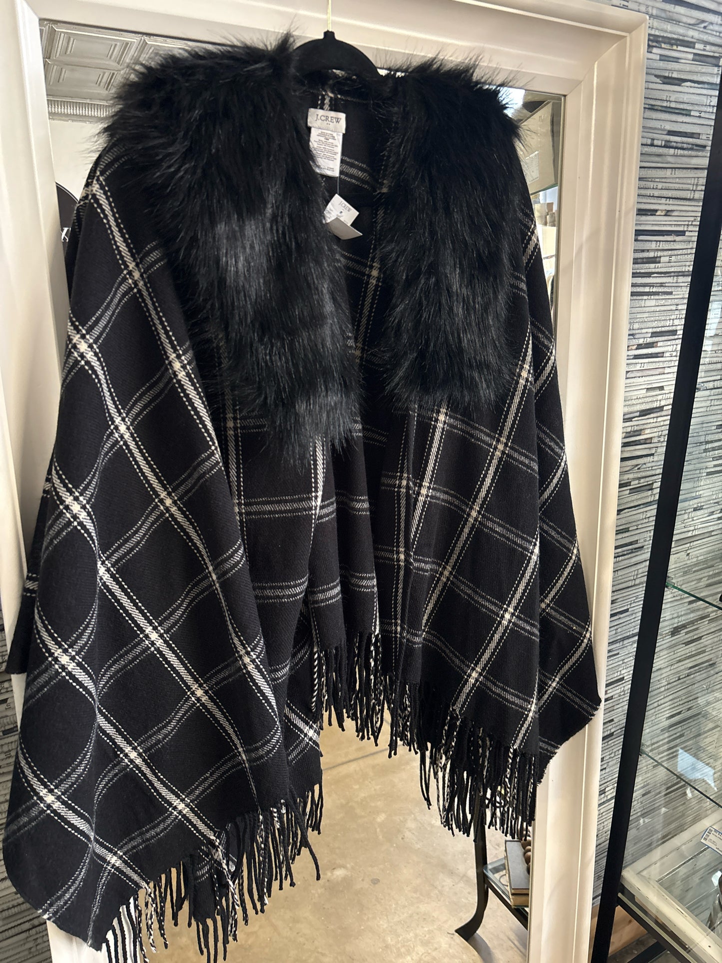 J. CREW Size OS Black/Cream Plaid Poncho/Cape