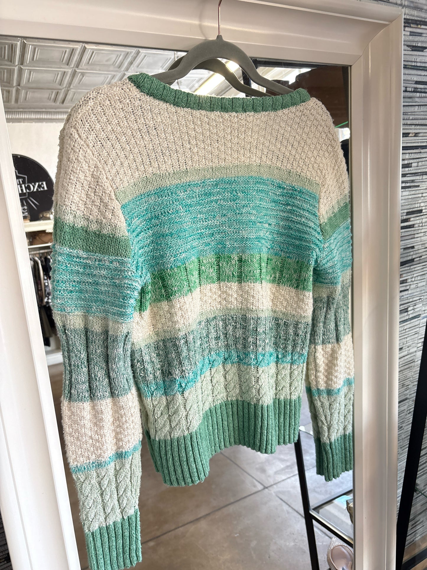 Cabi Size S White/Green/Blue Stripe Sweater
