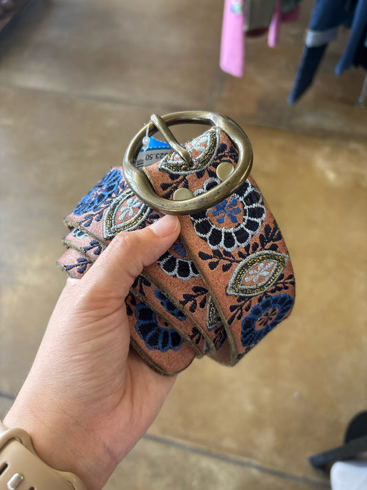 Lucky Brand Tan/Blue Embroidered Belt