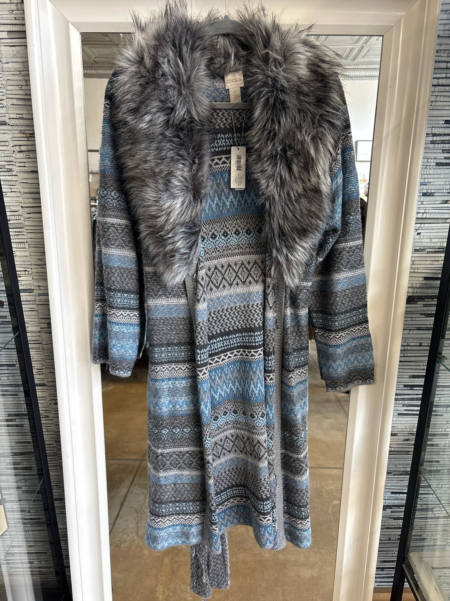 CHICO'S Size 2 Gray/Blue faux fur Cardigan