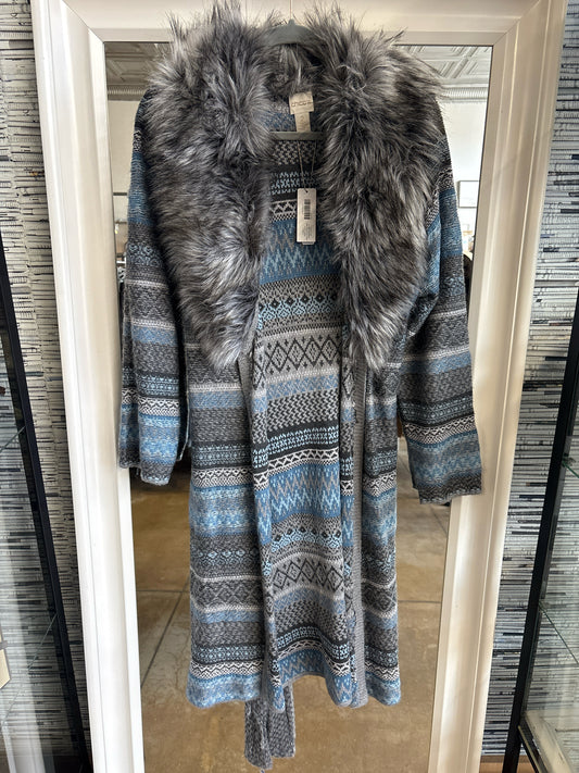CHICO'S Size 2 Gray/Blue faux fur Cardigan