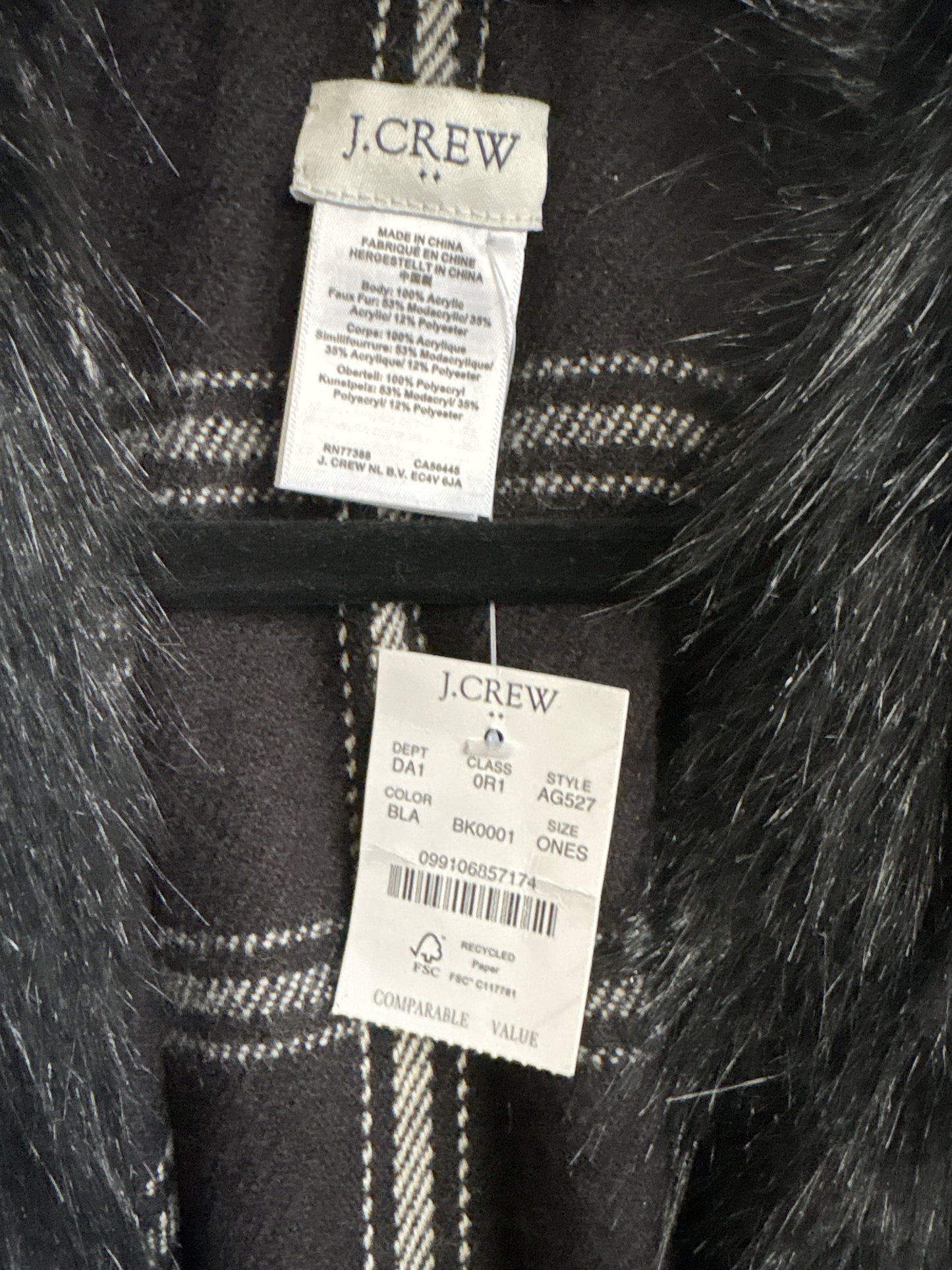 J. CREW Size OS Black/Cream Plaid Poncho/Cape