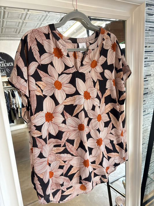 Cabi Size M Black/Orange Flowers Top
