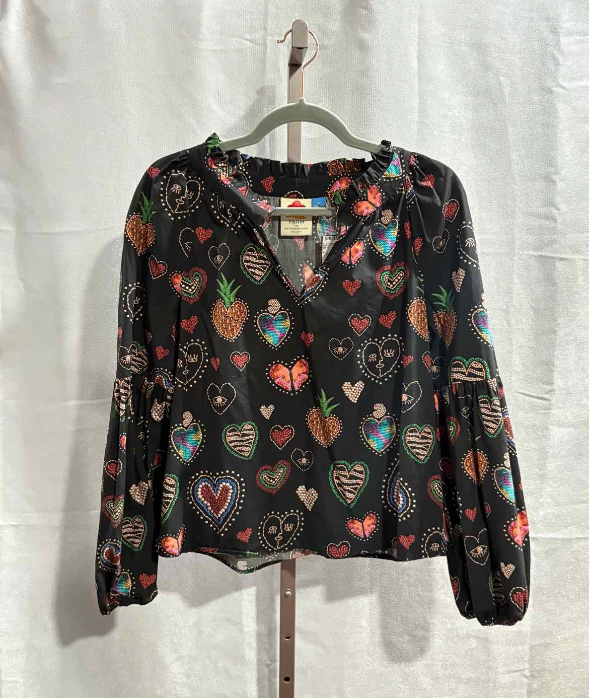 Farm for Anthropologie Size S Black/Multi Hearts Top