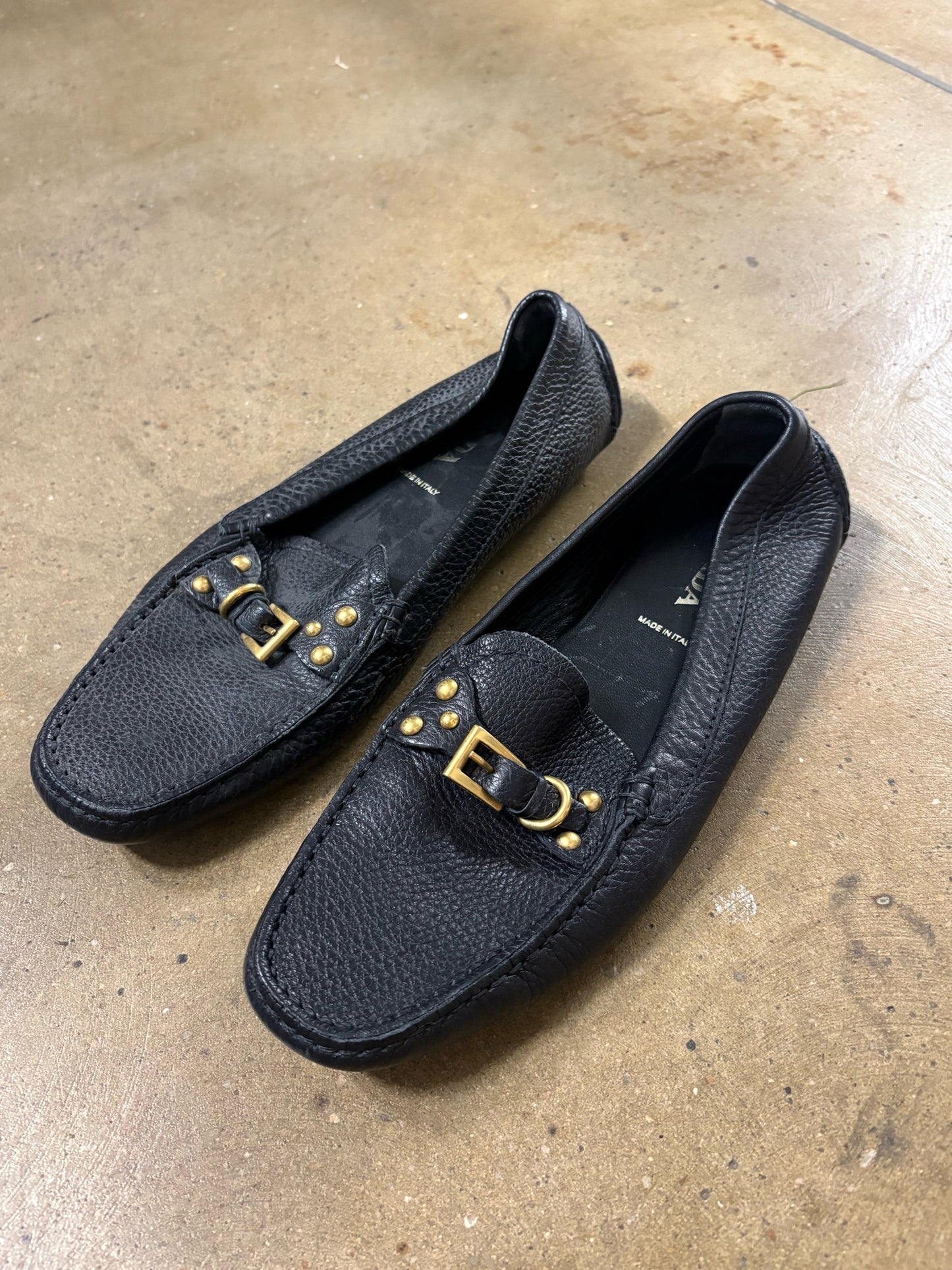 Prada Shoe Size 38 Black PEBBLED Flats