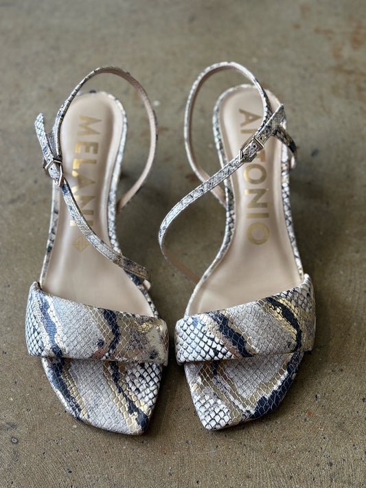 ANTONIO MELANI Shoe Size 9.5 Silver/Multi Snakeskin Heels