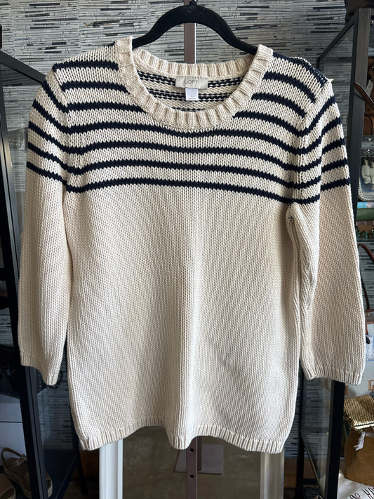 LOFT Size L Cream/Black Stripe Sweater