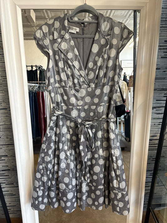 Kay Unger Size 10 Gray/White Polka Dot Dress