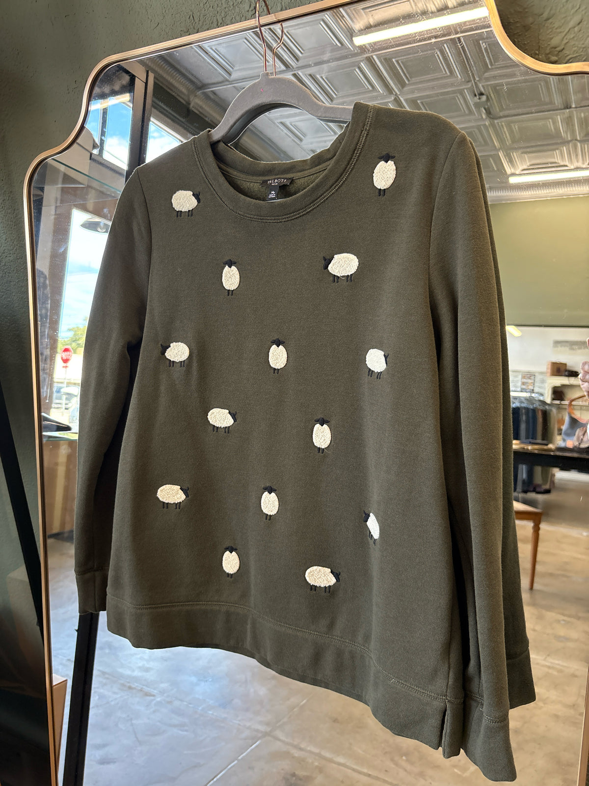 TALBOTS Size MP Army Green Print Top