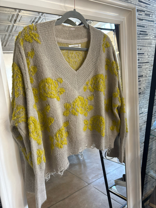 Anthropologie Size XS Taupe/Chartruese distressed Sweater
