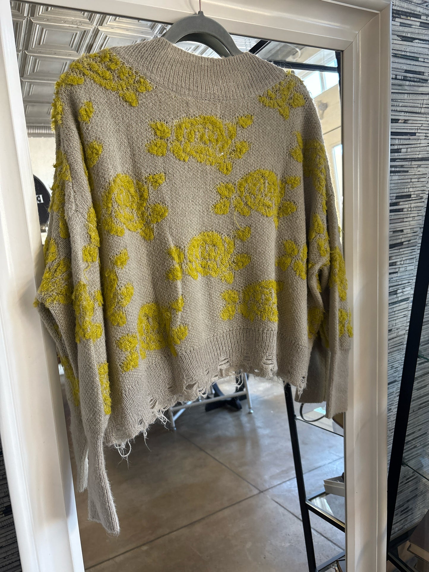 Anthropologie Size XS Taupe/Chartruese distressed Sweater