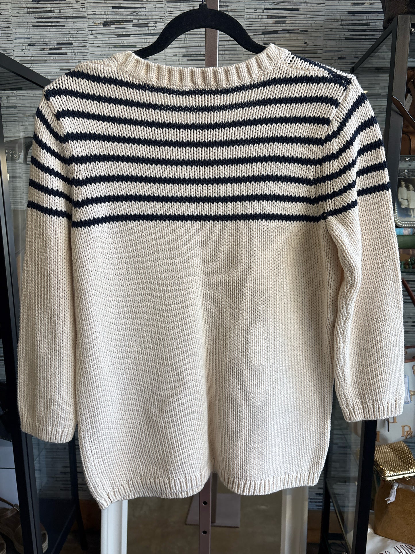 LOFT Size L Cream/Black Stripe Sweater
