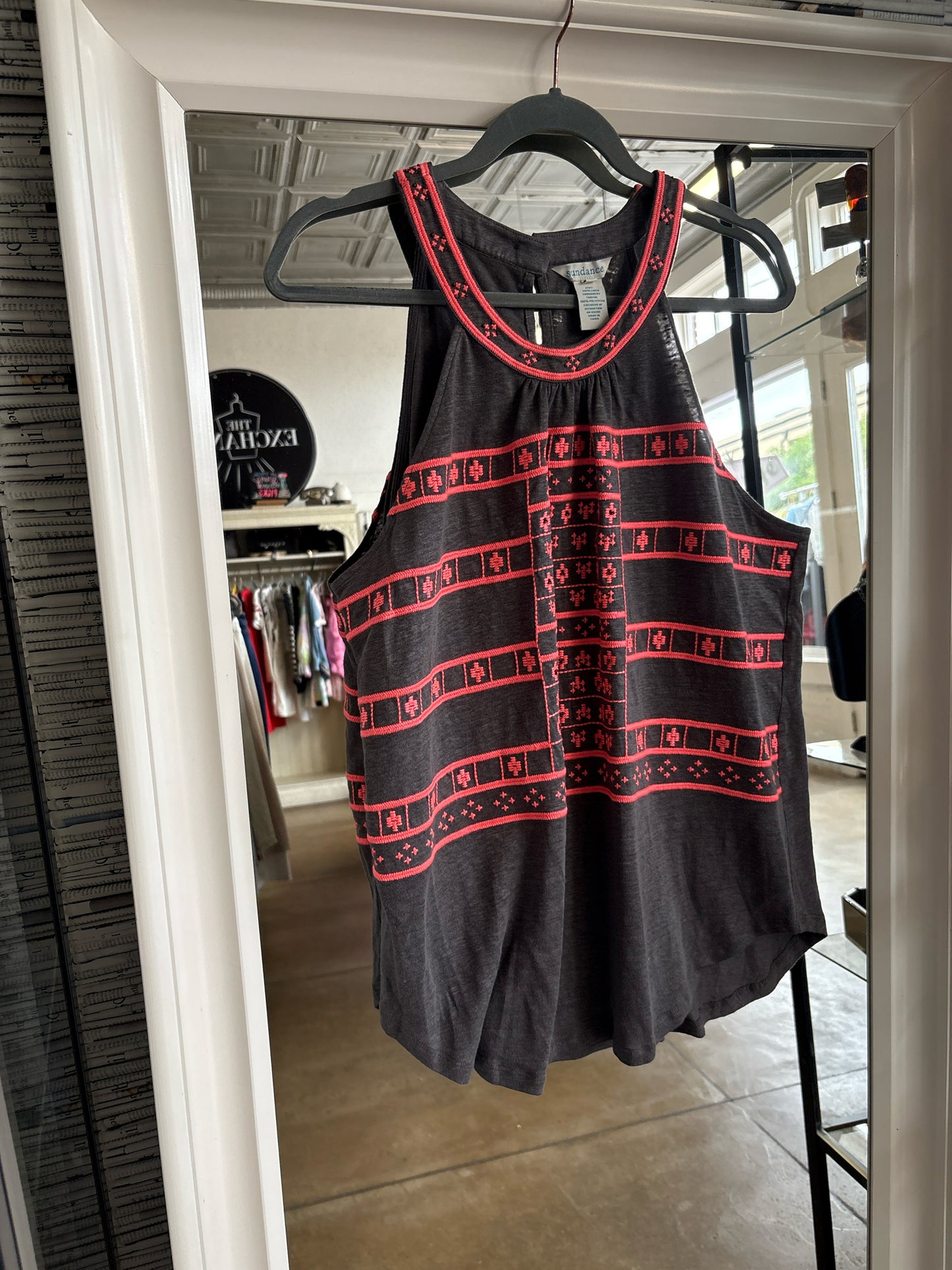 sundance Size L Gray/Coral Embroidered Top