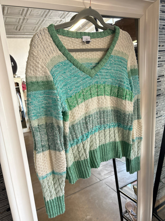 Cabi Size S White/Green/Blue Stripe Sweater