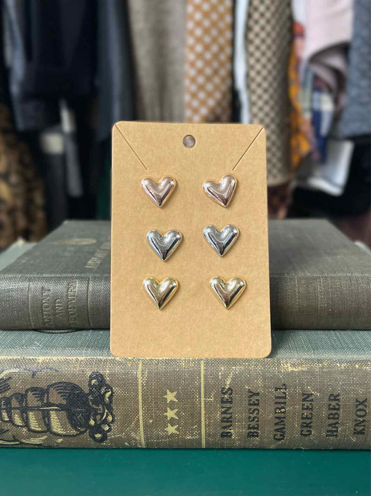 Set of 3 gold/silver/rose gold stud heart Earrings