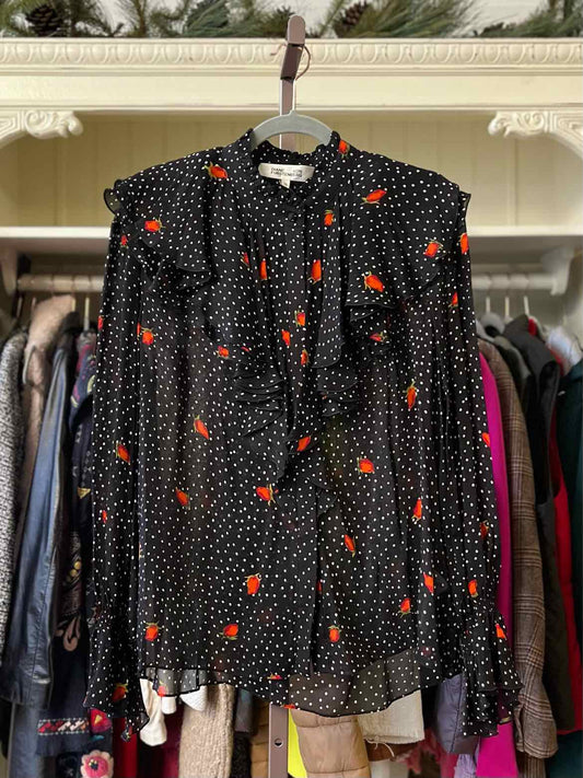 Diane VonFurstenberg Size 10 Black/Red/White Roses/dots Top